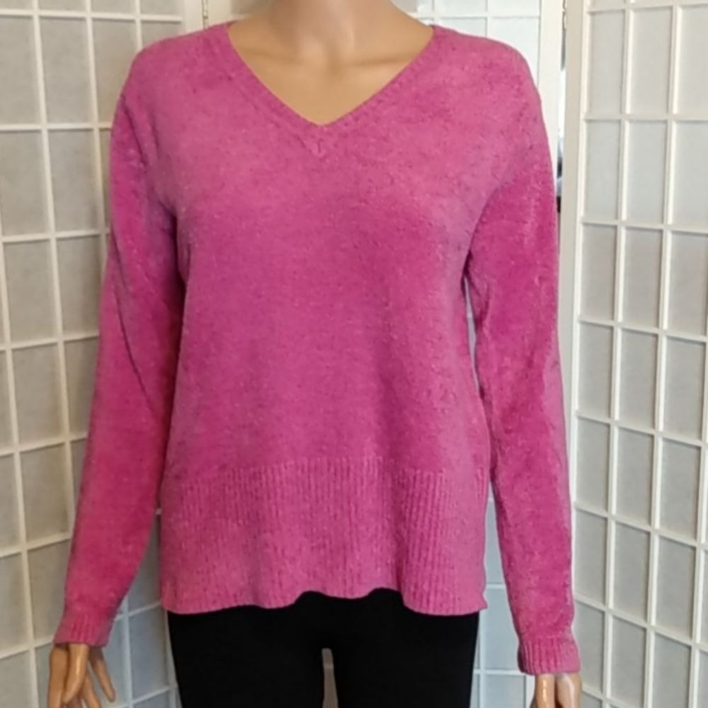 KIKIT Maurice Sasson Velour Knit V‎ Neck Sweater Cozy Pink XL